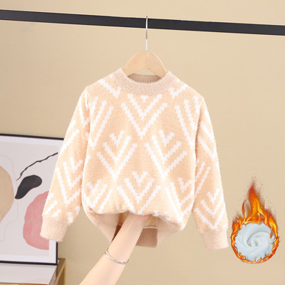 Модерен детски пуловер за момичета с овално деколте и различни десени