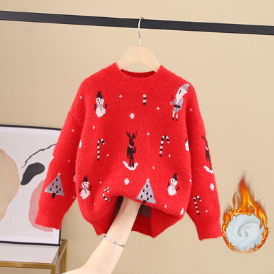 Модерен детски пуловер за момичета с овално деколте и различни десени