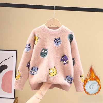 Модерен детски пуловер за момичета с овално деколте и различни десени