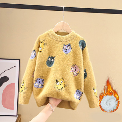 Модерен детски пуловер за момичета с овално деколте и различни десени