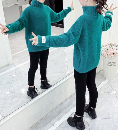 Ежедневен детски зимен пуловер с поло яка в зелен и розов цвят