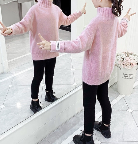 Ежедневен детски зимен пуловер с поло яка в зелен и розов цвят