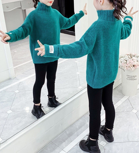 Ежедневен детски зимен пуловер с поло яка в зелен и розов цвят