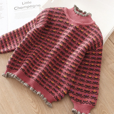 Модерен детски пуловер за момичета с висока яка и шарка