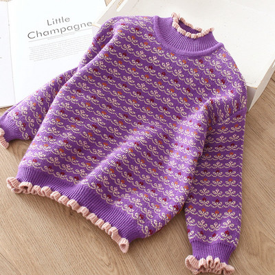 Модерен детски пуловер за момичета с висока яка и шарка