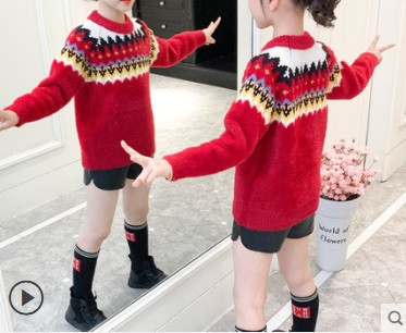 Детски зимен пуловер за момичета с висока яка