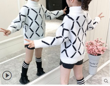 Детски зимен пуловер за момичета с висока яка