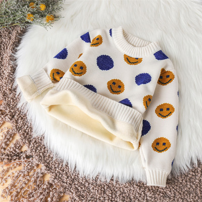 Детски ежедневен пуловер с топла подплата и овално деколте