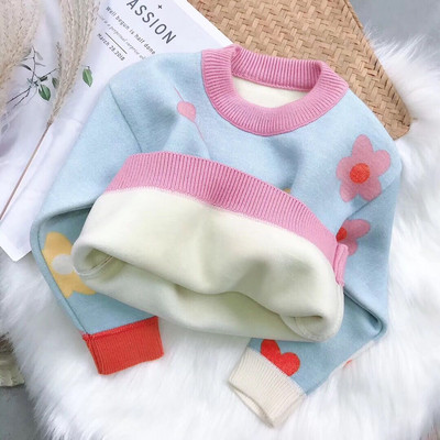 Детски зимен пуловер за момичета с мека подплата и флорални мотиви