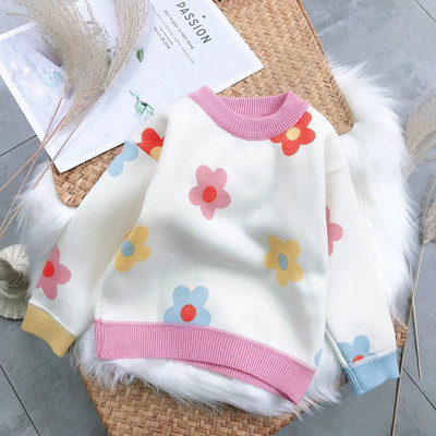 Детски зимен пуловер за момичета с мека подплата и флорални мотиви