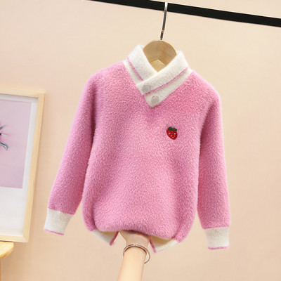 Детски ежедневен пухен пуловер с бродерия и копчета в бял и розов цвят