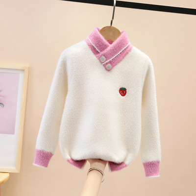 Детски ежедневен пухен пуловер с бродерия и копчета в бял и розов цвят