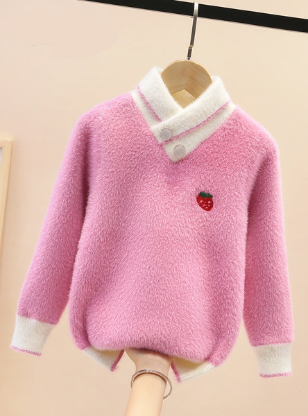 Детски ежедневен пухен пуловер с бродерия и копчета в бял и розов цвят