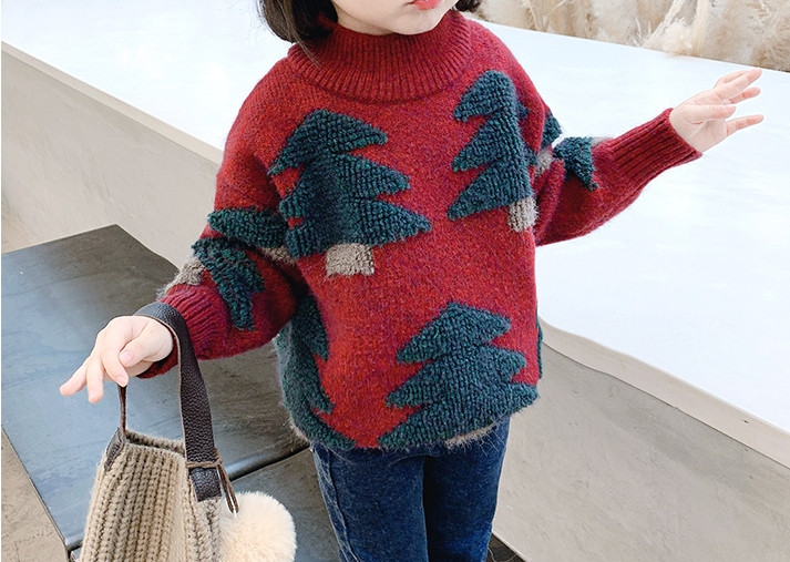 Ежедневен детски пуловер с коледен мотив и висока яка в три цвята