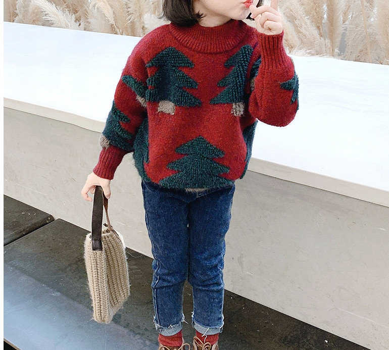 Ежедневен детски пуловер с коледен мотив и висока яка в три цвята