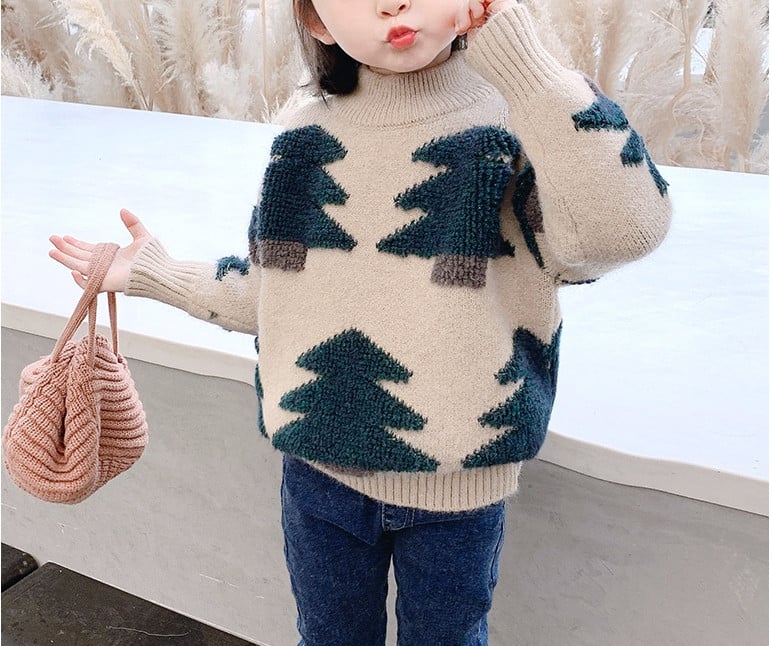 Ежедневен детски пуловер с коледен мотив и висока яка в три цвята