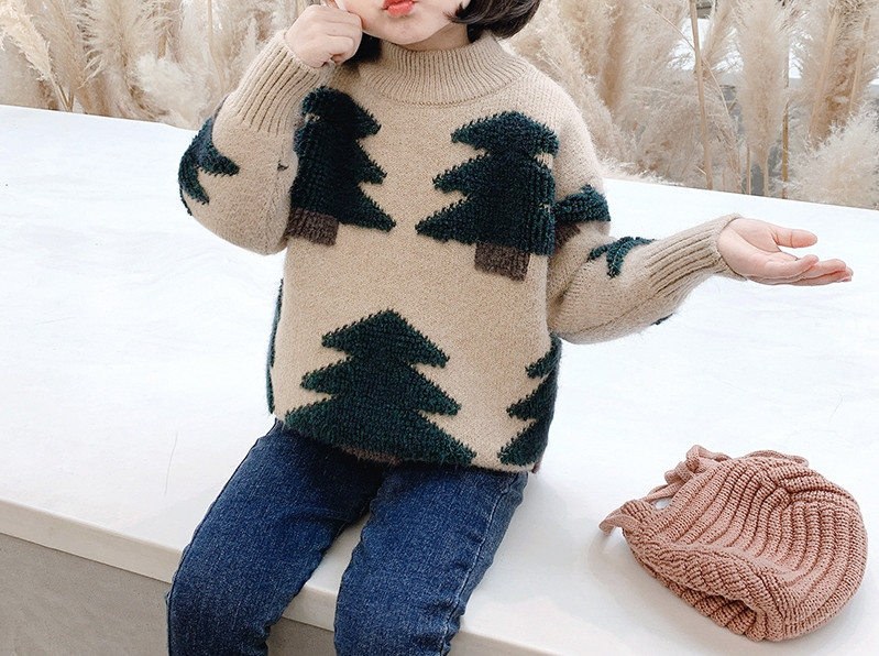 Ежедневен детски пуловер с коледен мотив и висока яка в три цвята