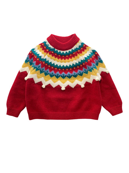 Ежедневен детски пуловер в червен цвят с цветен принт