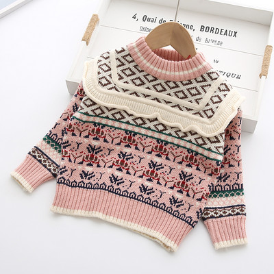 Нов модел зимен детски пуловер за момичета с овално деколте