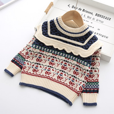 Нов модел зимен детски пуловер за момичета с овално деколте