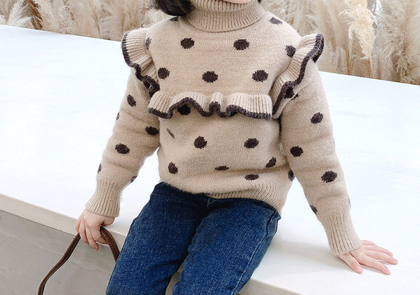 Детски ежедневен пуловер на точки с поло яка подходящ за момичета 