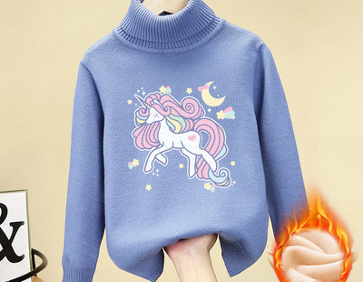 Детски пуловер за момичета с висока яка и различни апликации