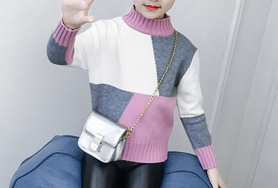 Ежедневен детски пуловер за момичета с висока яка