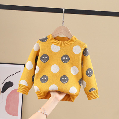 Детски пуловер за момичета с овално деколте и десен с усмихнати човечета