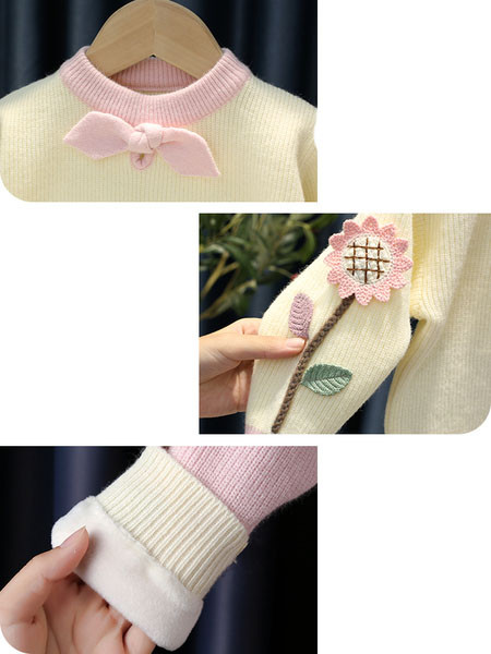 Модерен детски пуловер с 3D елементи и обло деколте