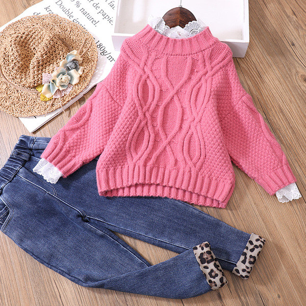 Детски пуловер за момичета с дантела - с мека подплата или без