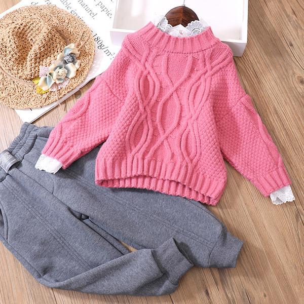 Детски пуловер за момичета с дантела - с мека подплата или без