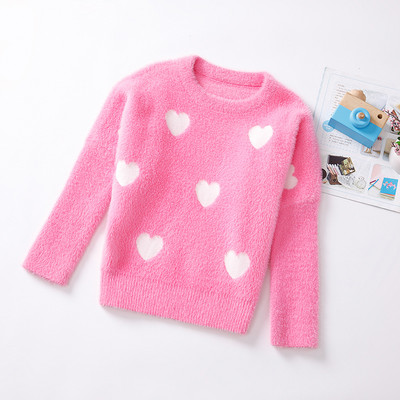 Детски ежедневен пухен пуловер на сърца с овално деколте в жълт и розов цвят