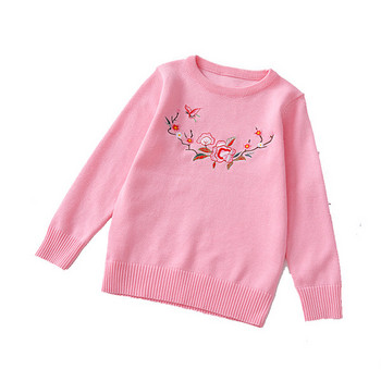 Παιδικό casual πουλόβερ από λεπτό πλέξιμο με κεντήματα σε ροζ και κόκκινο χρώμα