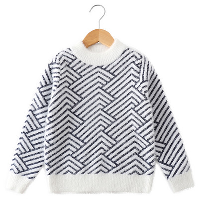 Детски ежедневен пуловер с овално деколте в бежов и сив цвят