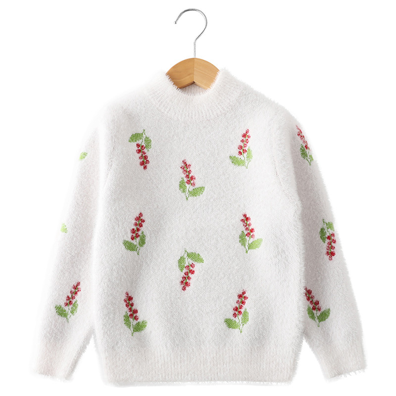 Dječji ležerni puhasti pulover s ovalnim izrezom u bijeloj, ružičastoj i crvenoj boji