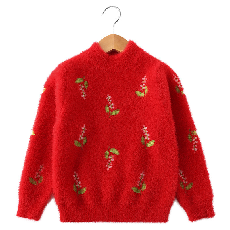 Dječji ležerni puhasti pulover s ovalnim izrezom u bijeloj, ružičastoj i crvenoj boji