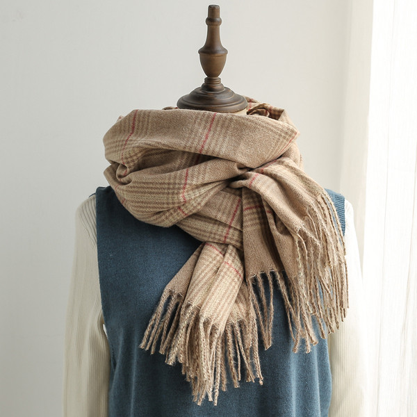 Karirani ženski šal sa resama-pogodan za jesen i zimu