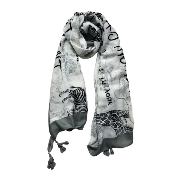 Női aktuális sál fekete-fehér színben, feliratokkal
