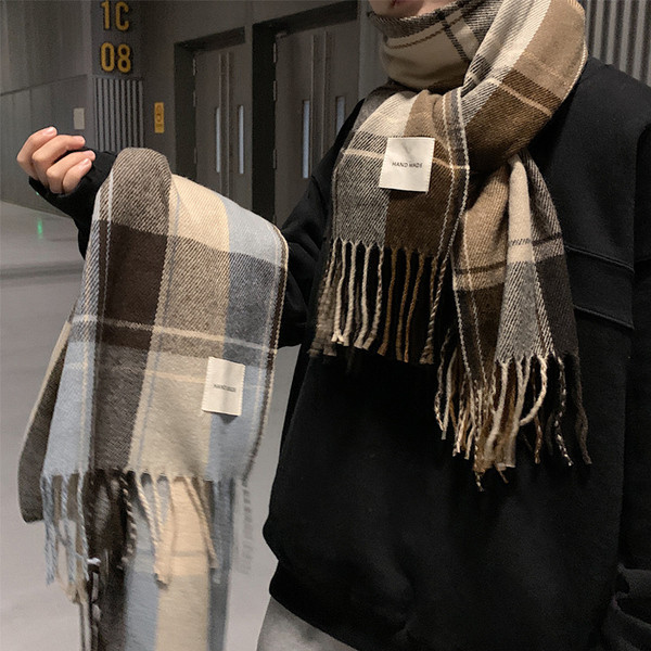 Lezser téli férfi kockás sál, rojtokkal