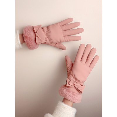 Γυναικεία χειμερινά γάντια με κορδέλα και γούνα