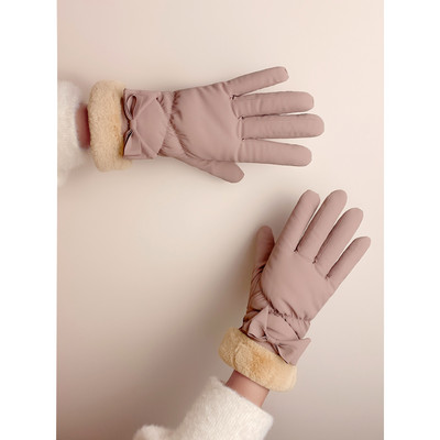 Γυναικεία χειμερινά γάντια με κορδέλα και γούνα