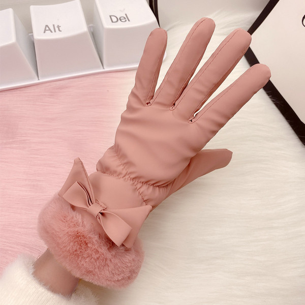 Γυναικεία χειμερινά γάντια με κορδέλα και γούνα
