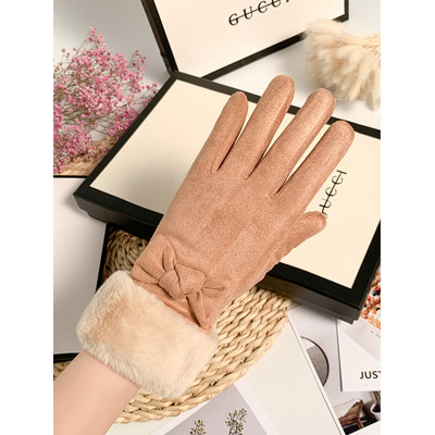 Γυναικεία μοντέρνα γάντια με γούνα και κορδέλα