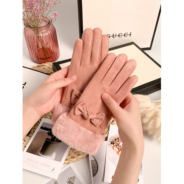 Γυναικεία μοντέρνα γάντια με γούνα και κορδέλα