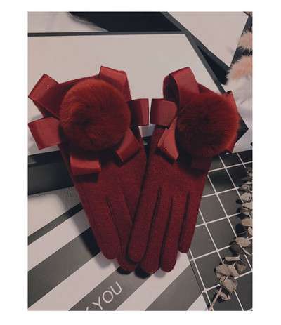 Elegantiškos moteriškos žieminės pirštinės su kaspinėliais ir perlais