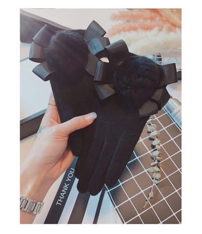 Elegantiškos moteriškos žieminės pirštinės su kaspinėliais ir perlais