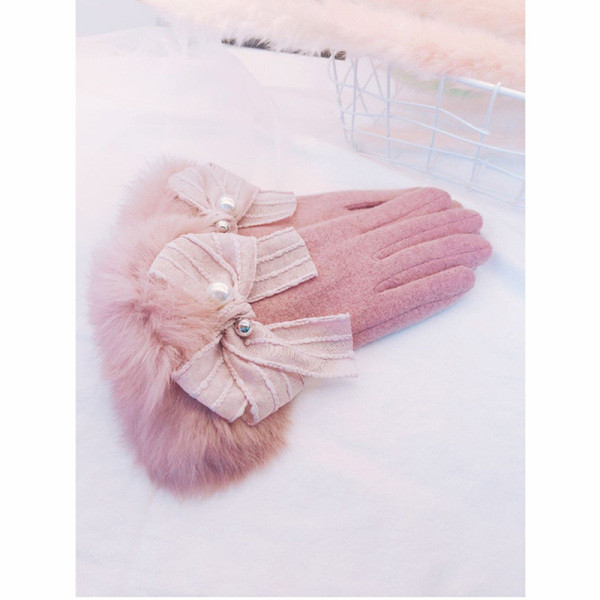 Elegantiškos moteriškos žieminės pirštinės su kaspinėliais ir perlais