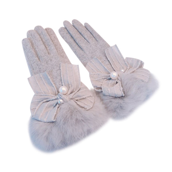 Elegantiškos moteriškos žieminės pirštinės su kaspinėliais ir perlais