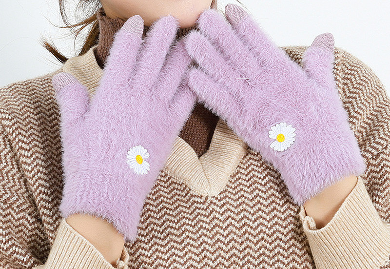 Mănuși de puf de damă cu broderie cu margarete