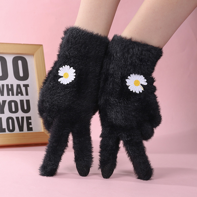 Mănuși de puf de damă cu broderie cu margarete